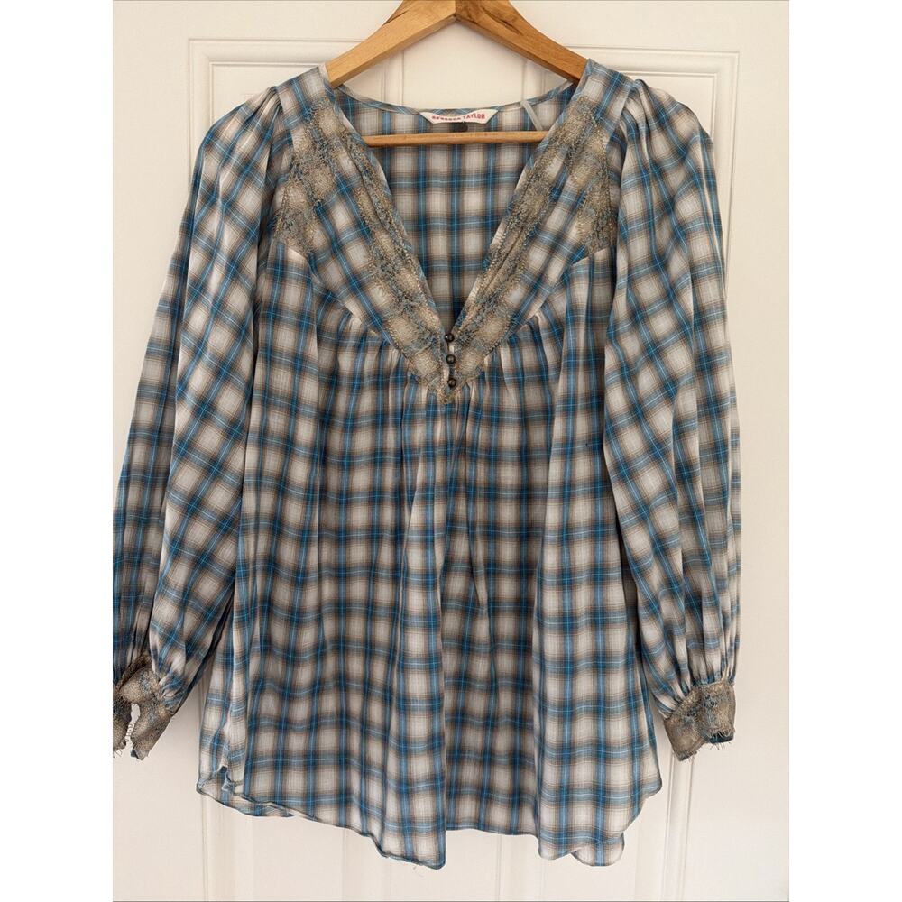 Rebecca Taylor Baby Doll Plaid Tunic 4 Lace Trim Peasant Western Boho V Neck